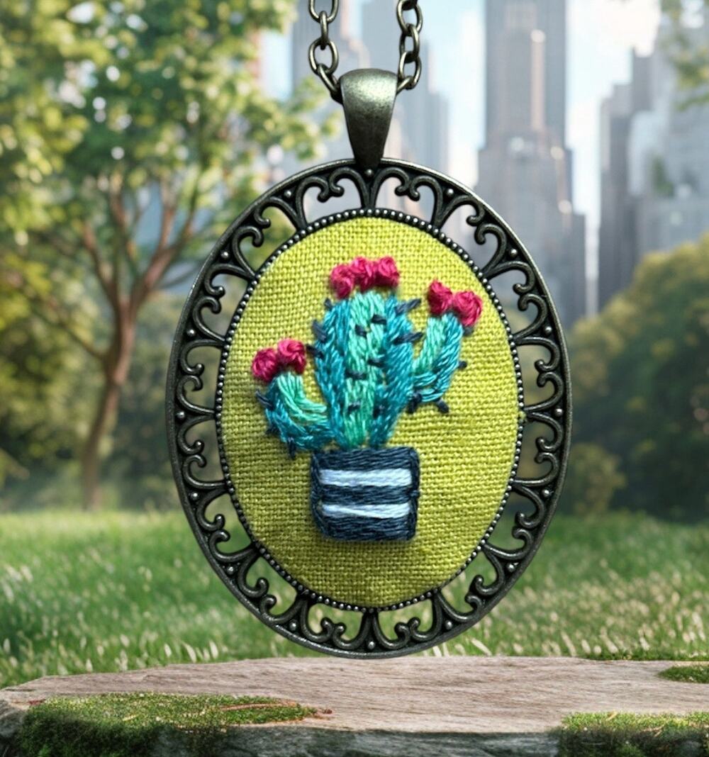 Embroidery Cactus Pendant ~ Handmade Jewelry